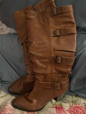 Sofft Leather Tall Slouch Riding Boots Brown Multi Strap Buckle Size 9